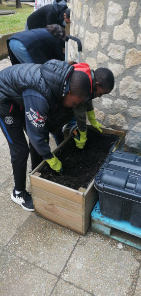 Jeunes enfants jardinant